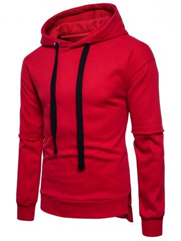 Drop Shoulder Side Slit Fleece Pullover Hoodie - RED - L