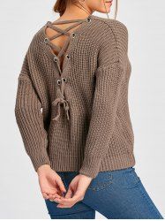 Scoop Neck Back Lace Up Sweater -  