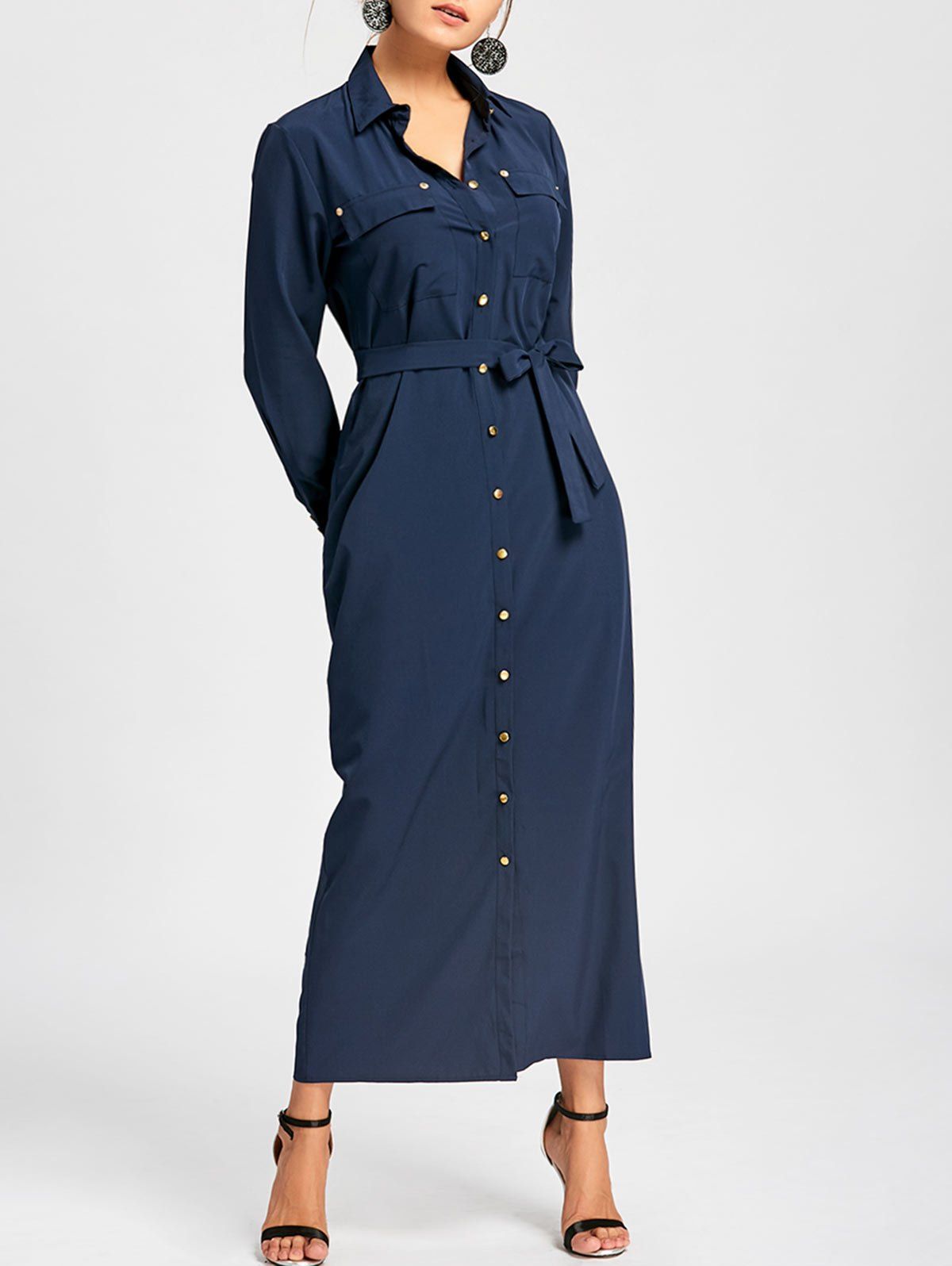 Purplish Blue L Button Down Pocket Maxi Long Shirt Dress | RoseGal.com