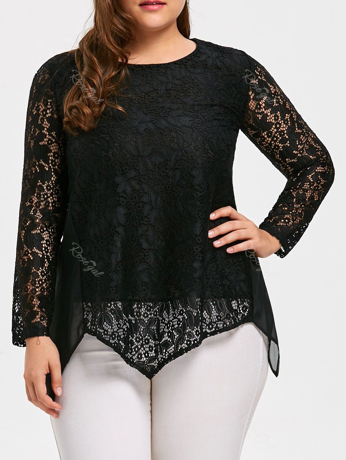 [39% OFF] Plus Size Handkerchief Hem See Through Lace Blouse | Rosegal