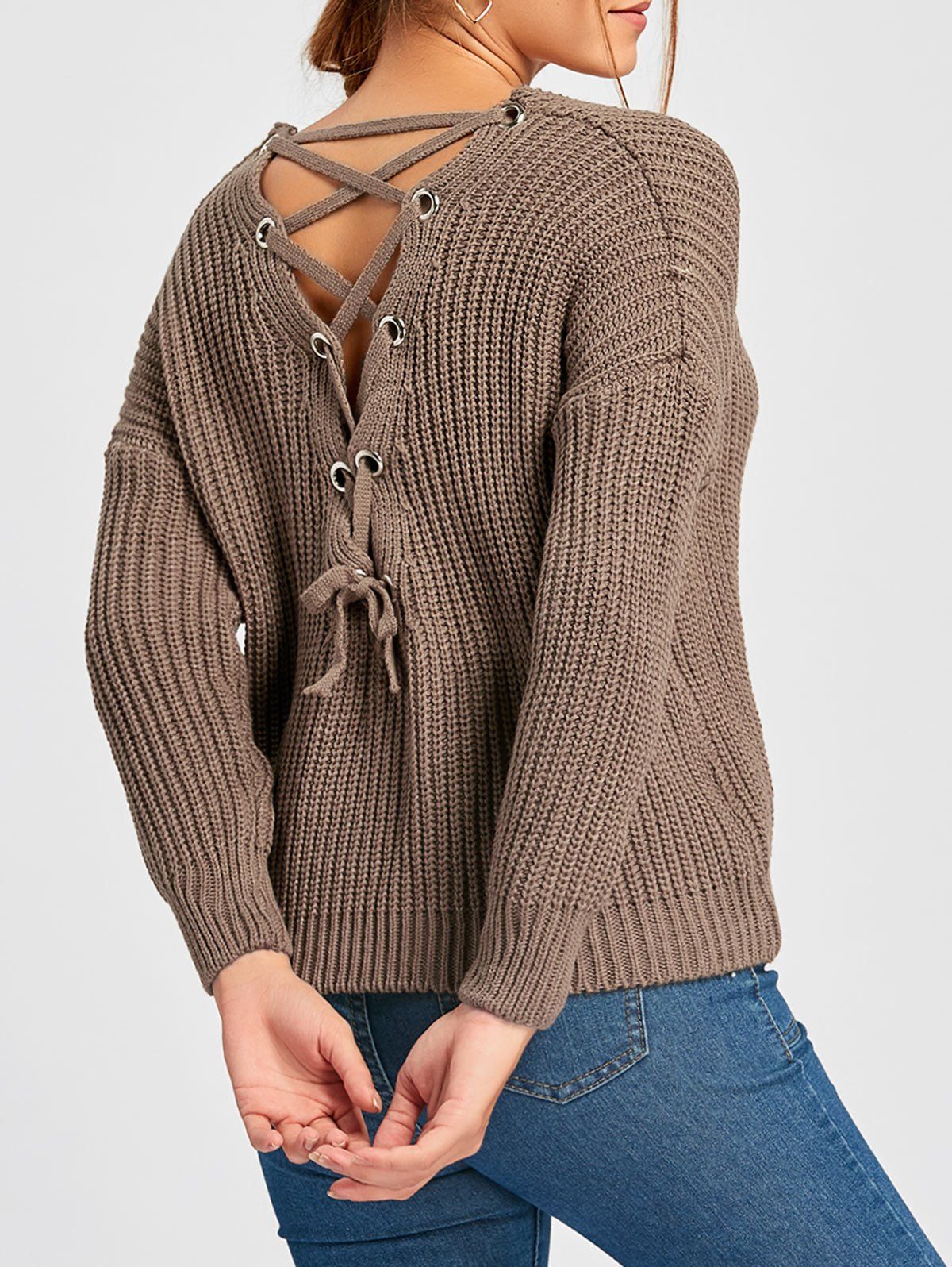 Shop Scoop Neck Back Lace Up Sweater  