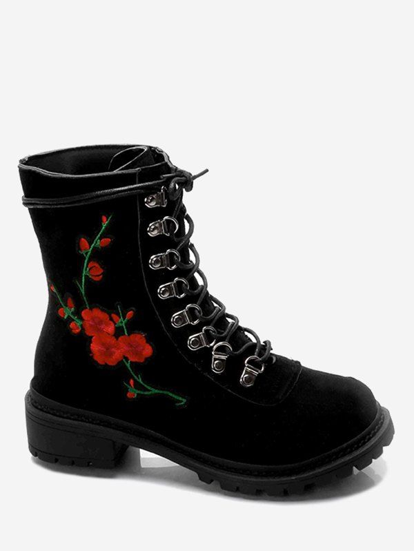 

Chunky Heel Metal Floral Embroidery Ankle Boots, Black