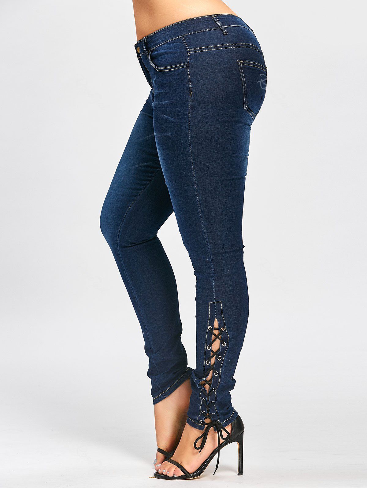 

Bleach Wash Plus Size Lace Up Jeans, Cerulean