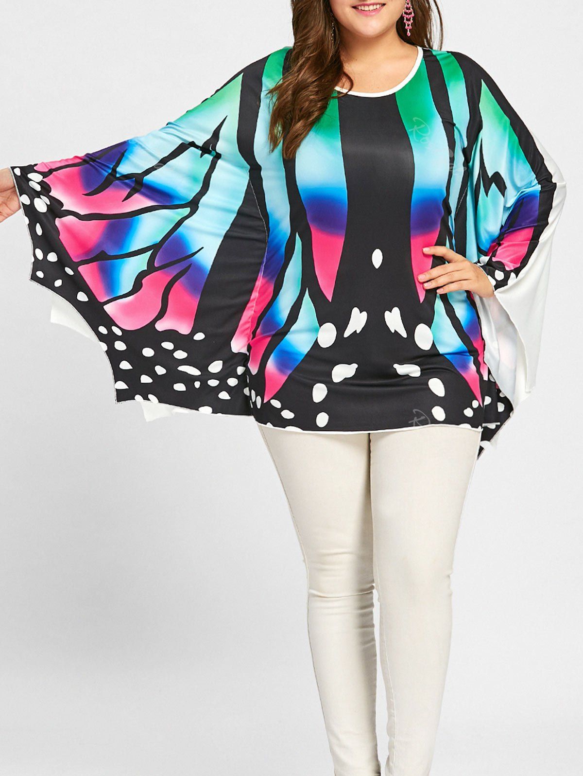 

Plus Size Asymmetrical Batwing Butterfly Poncho Tee, Colorful