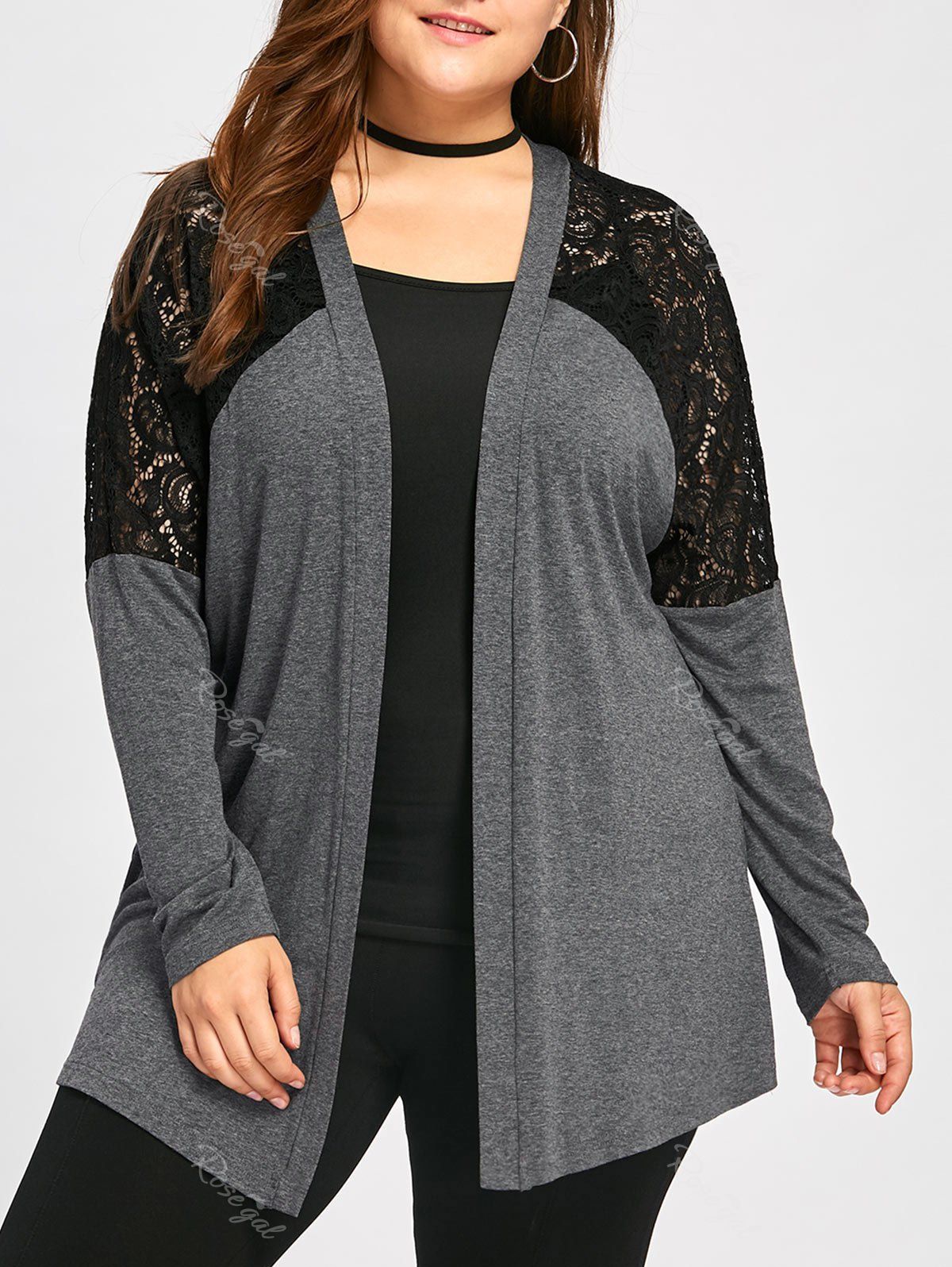 

Plus Size Marled Lace Yoke Cardigan, Deep gray
