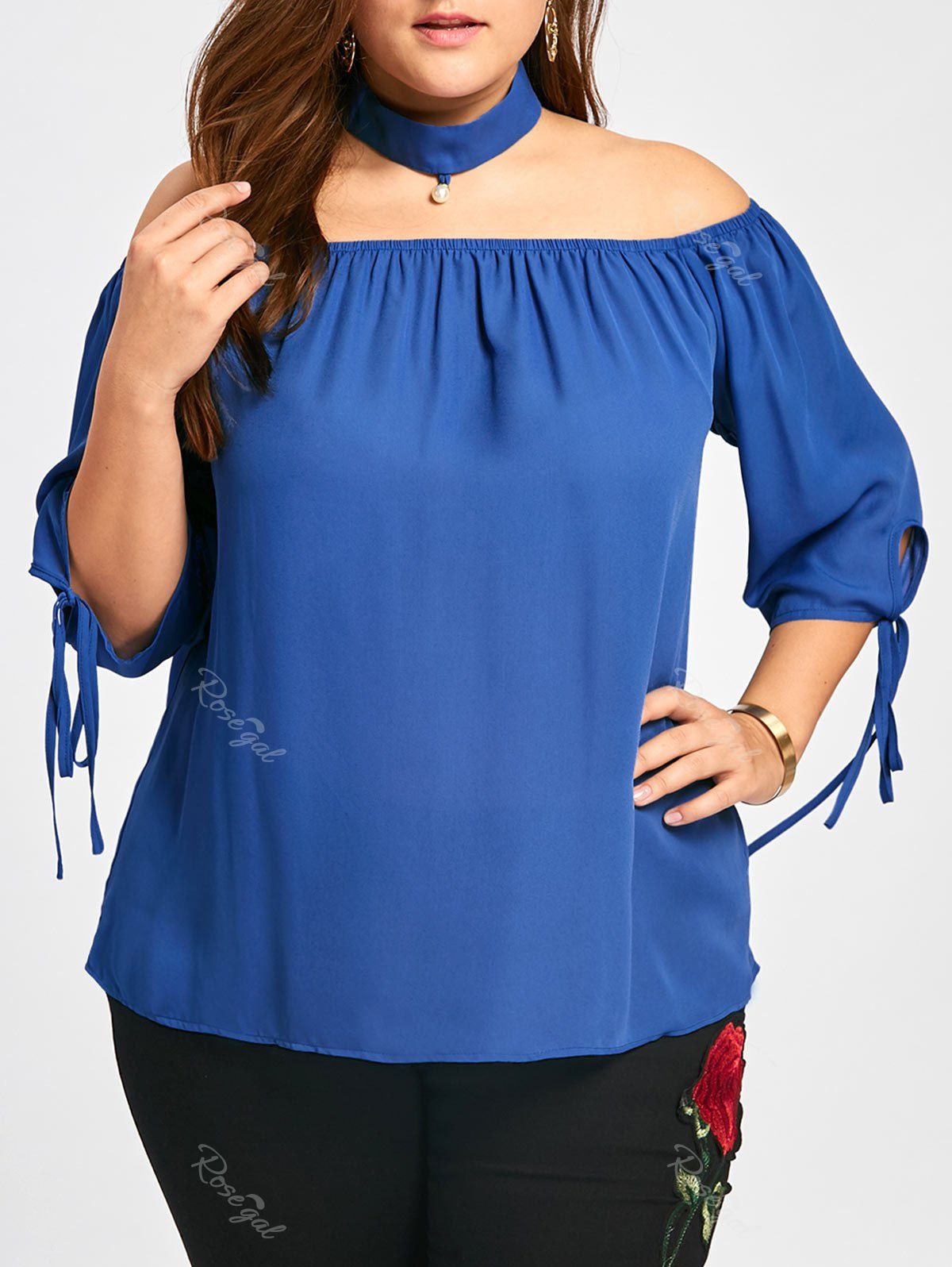 

Plus Size Tie Cuff Choker Blouse, Blue