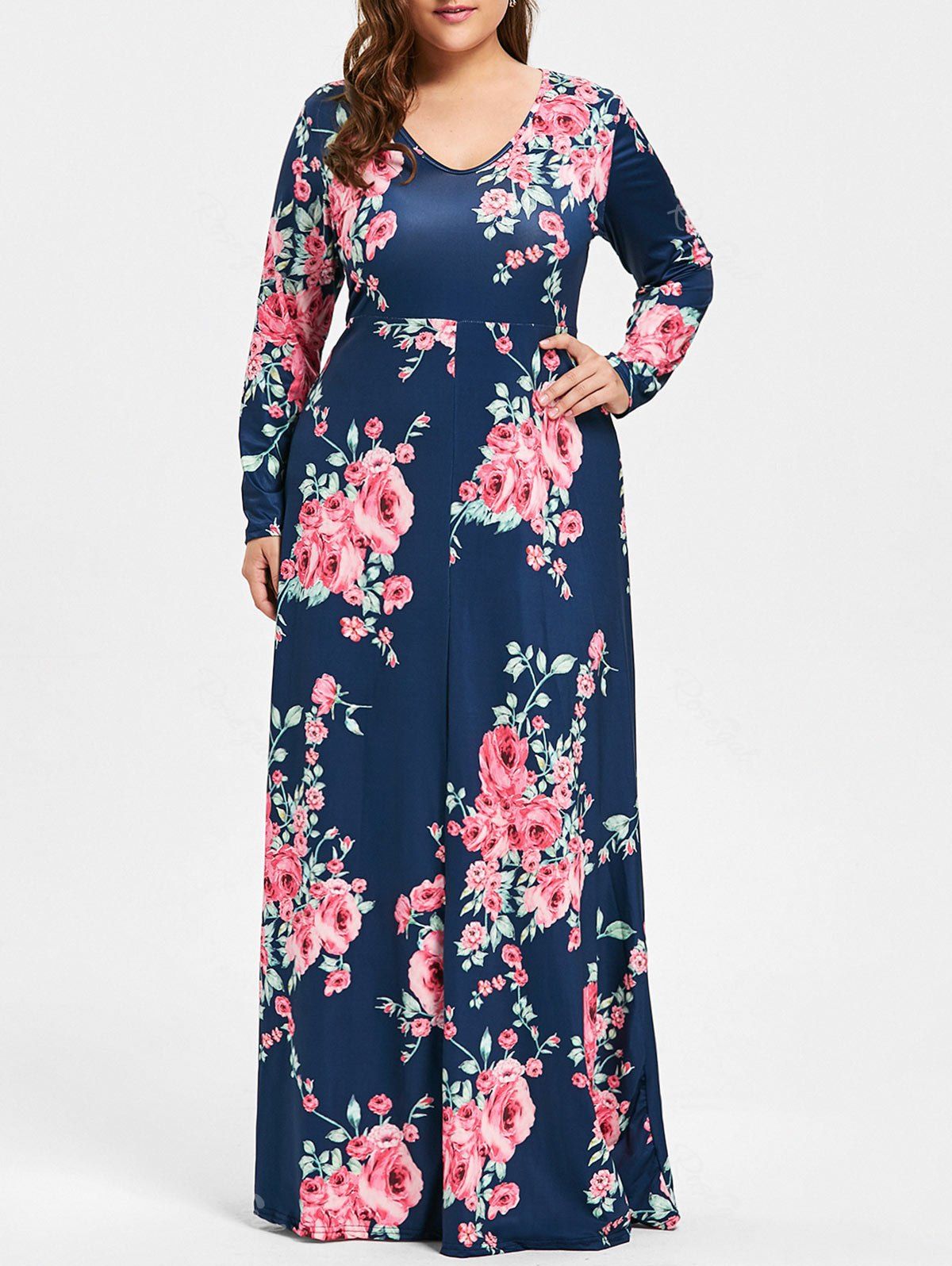 

Plus Size Long Floral Maxi Dress, Purplish blue