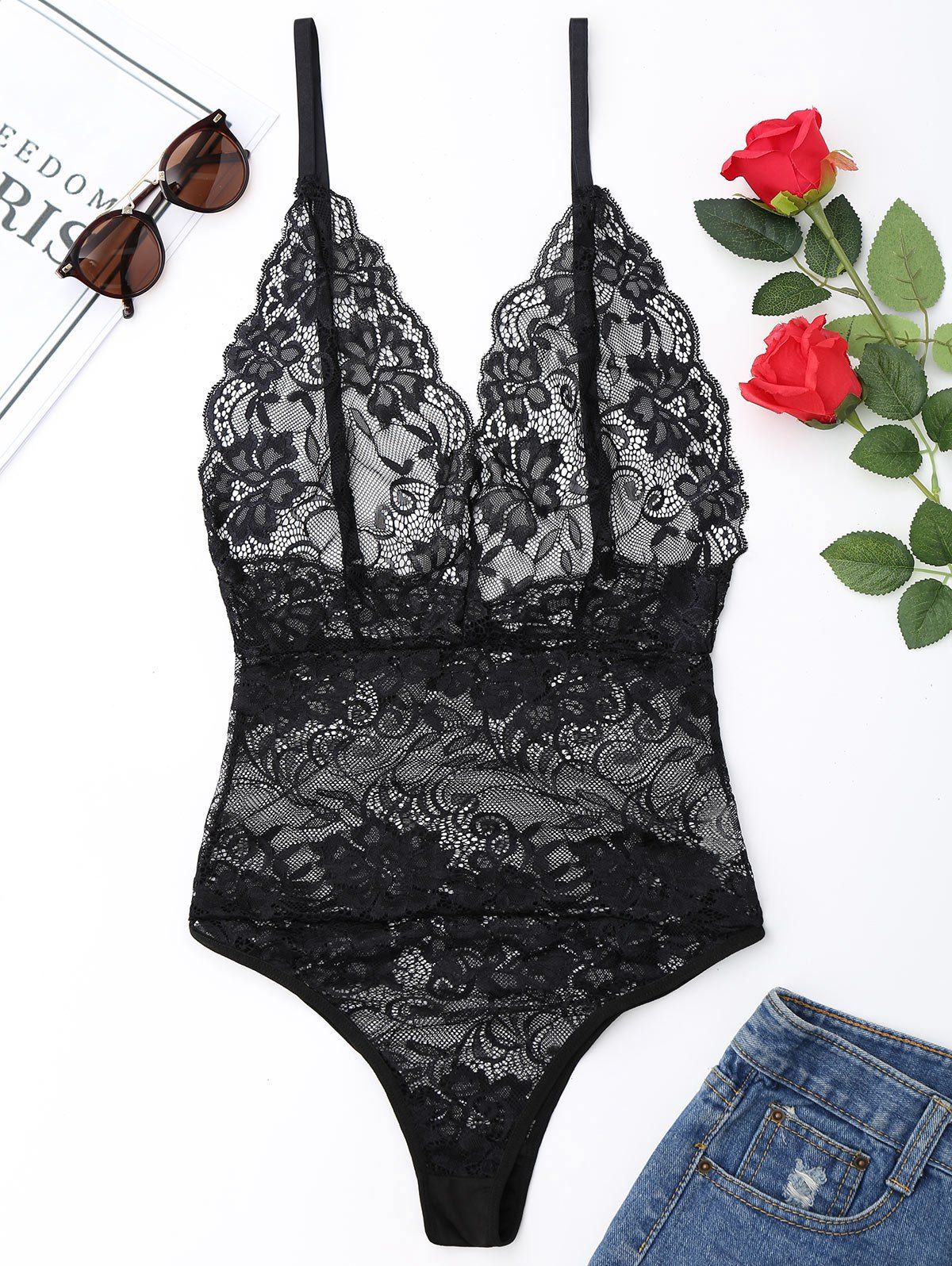 

Plunging Neck See Through Lace Teddy, Black