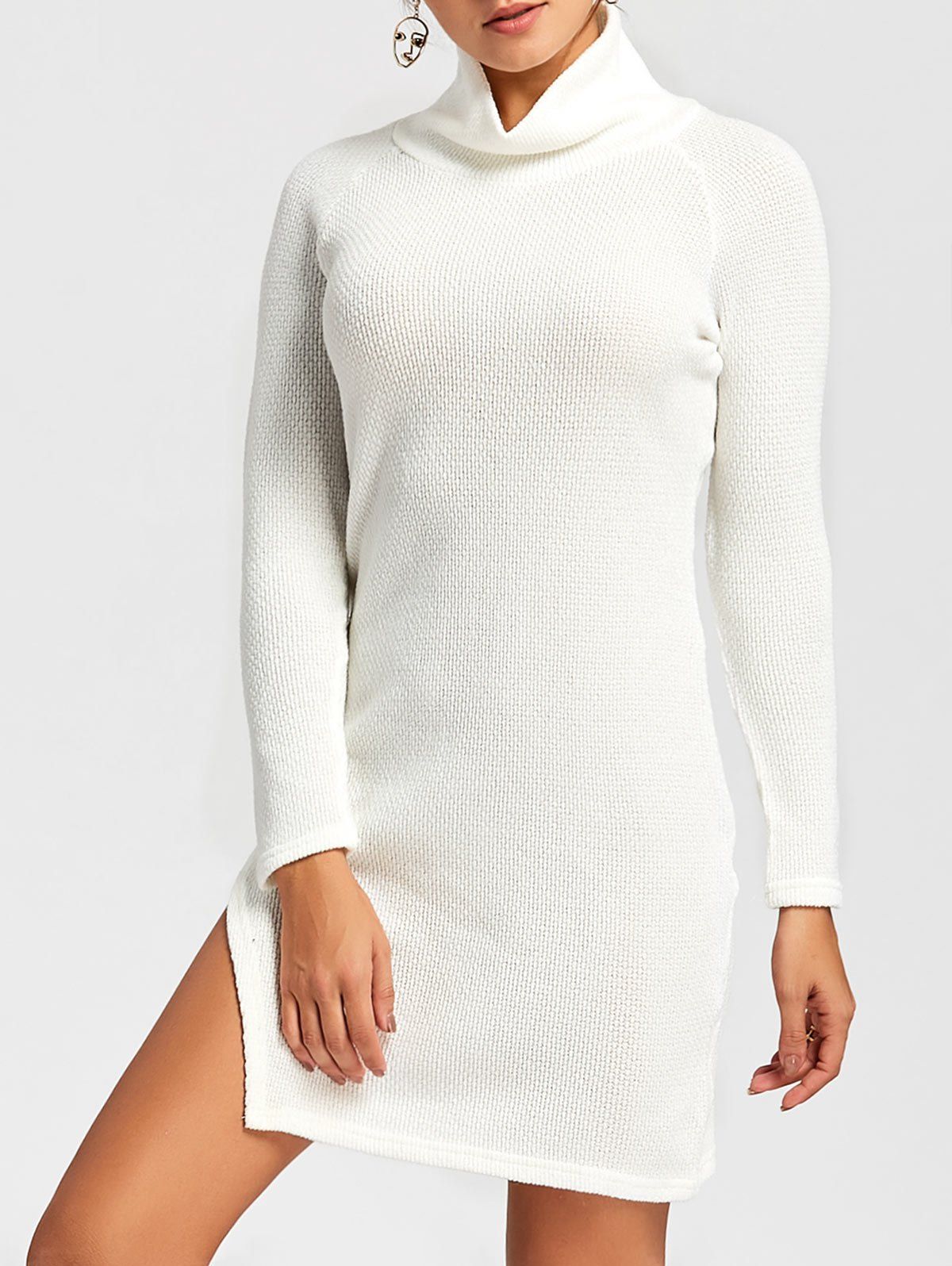 

Side Slit Turtleneck Mini Sweater Dress, White