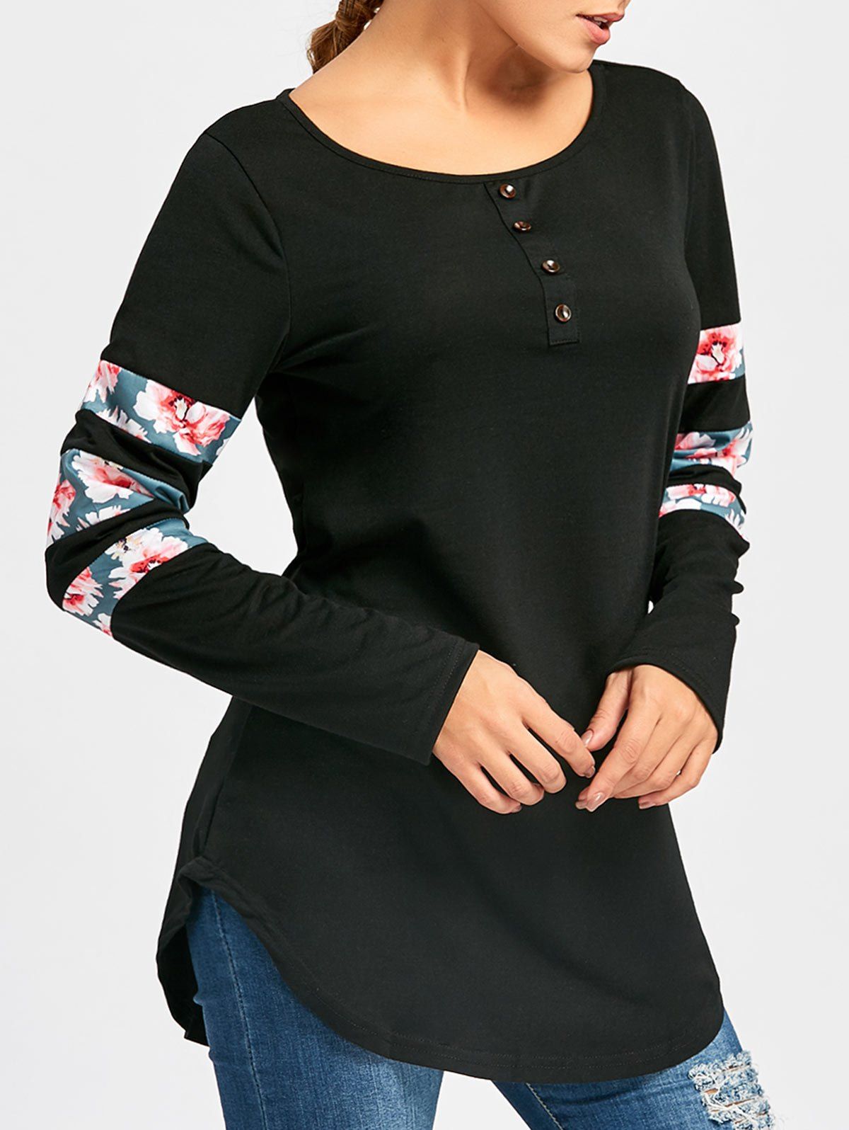 

Buttons Floral Panel Long Sleeve Tunic Tee, Black
