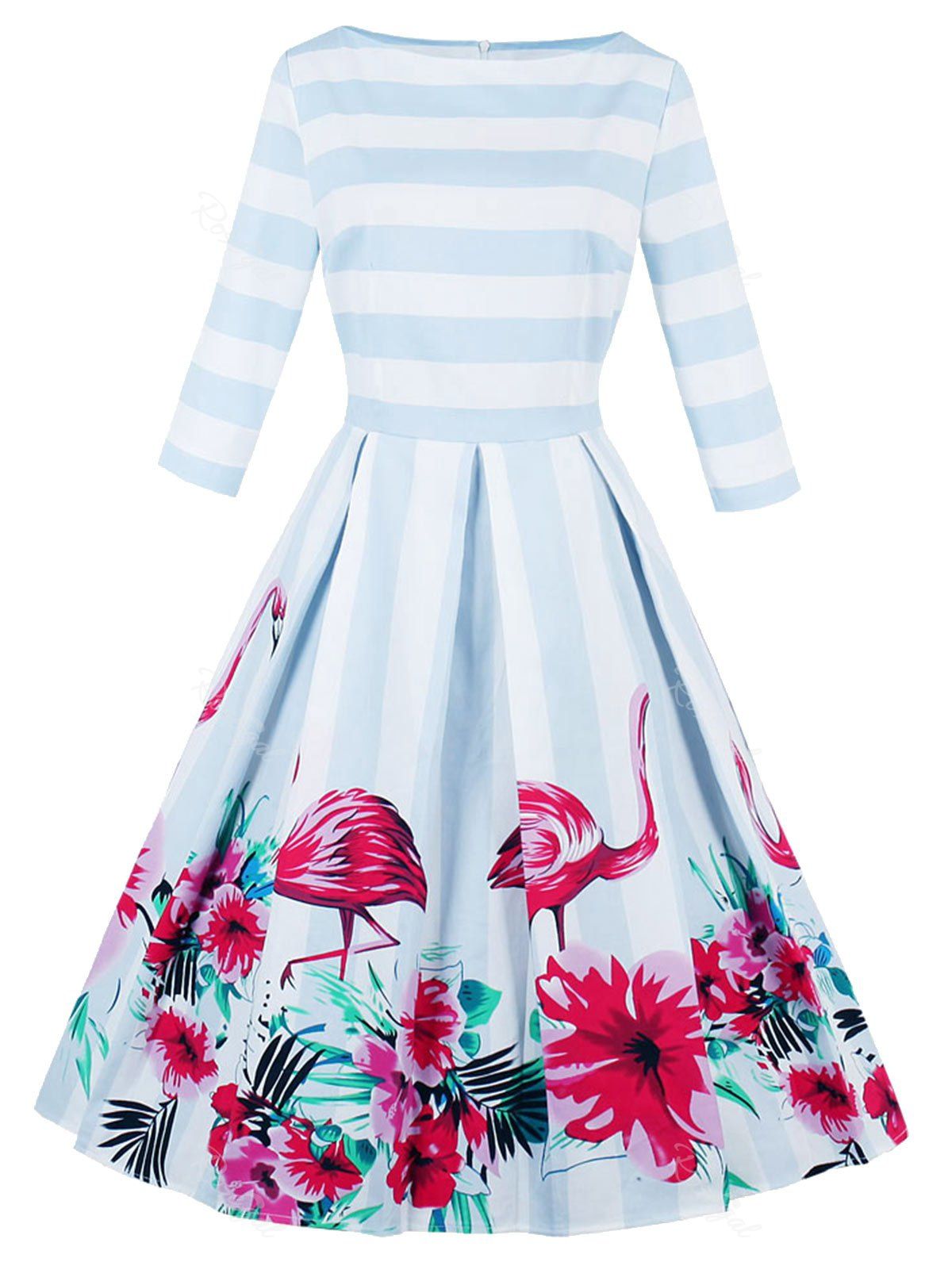 

Plus Size Striped Floral Flamingo Print Boat Neck Dress, Light blue