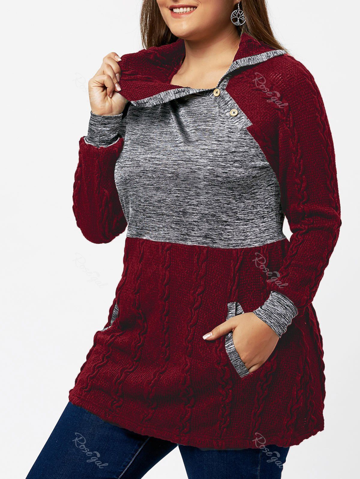 

Plus Size Pullover Pockets Cable Knit Sweater, Wine red