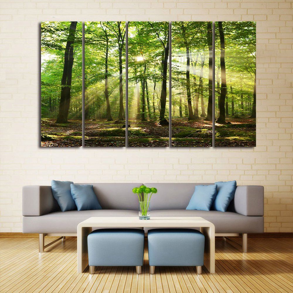 

Sunlight Forest Print Unframed Split Canvas Paintings, Green