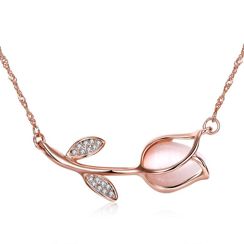 

Faux Opal Rhinestone Rose Flower Necklace, Rose gold