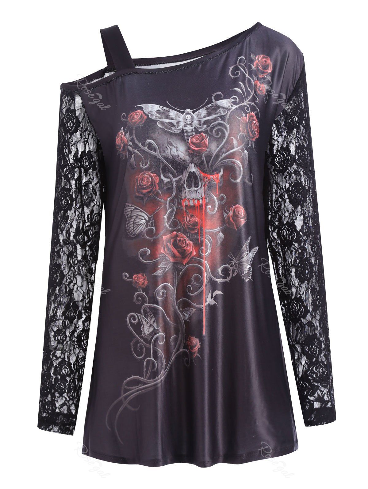 

Plus Size Cold Shoulder Halloween Floral Skull T-shirt, Black