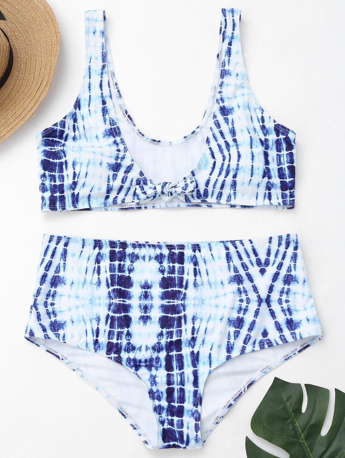 

Tie-Dyed Plus Size High Waisted Swimwear, Blue and white
