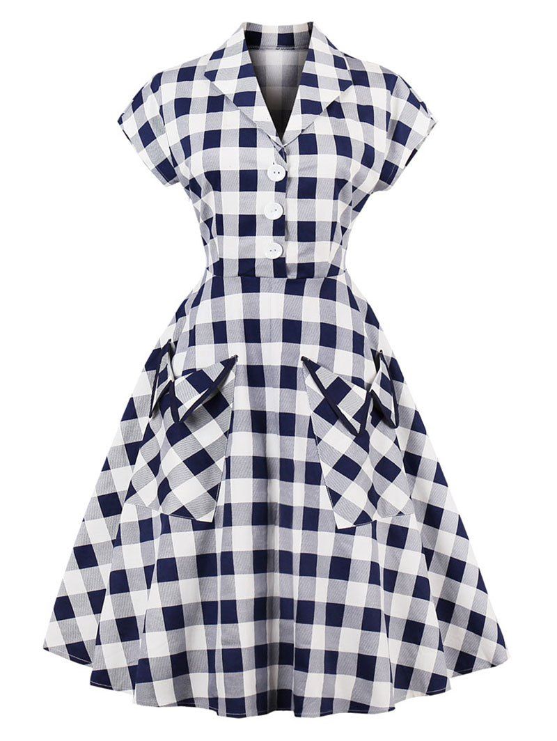 

Vintage Pockets Plaid Henley Skater Dress, Checked