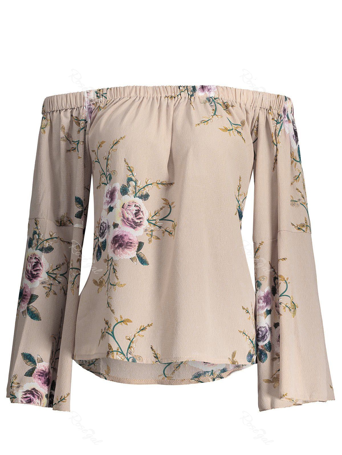 

Floral Print Plus Size Off Shoulder Blouse, Light beige