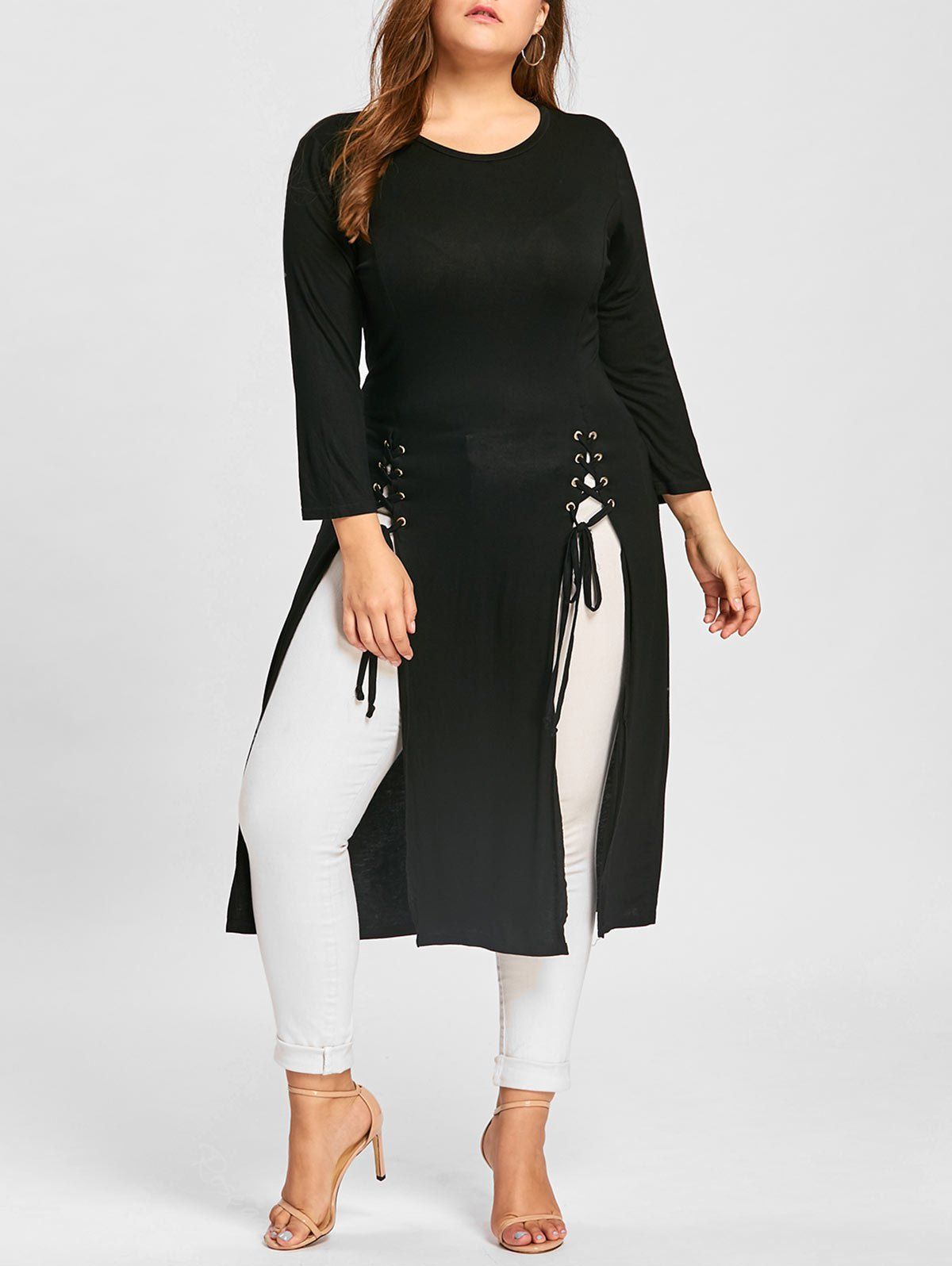 

Maxi Lace-up Plus Size Long Sleeve Dress, Black