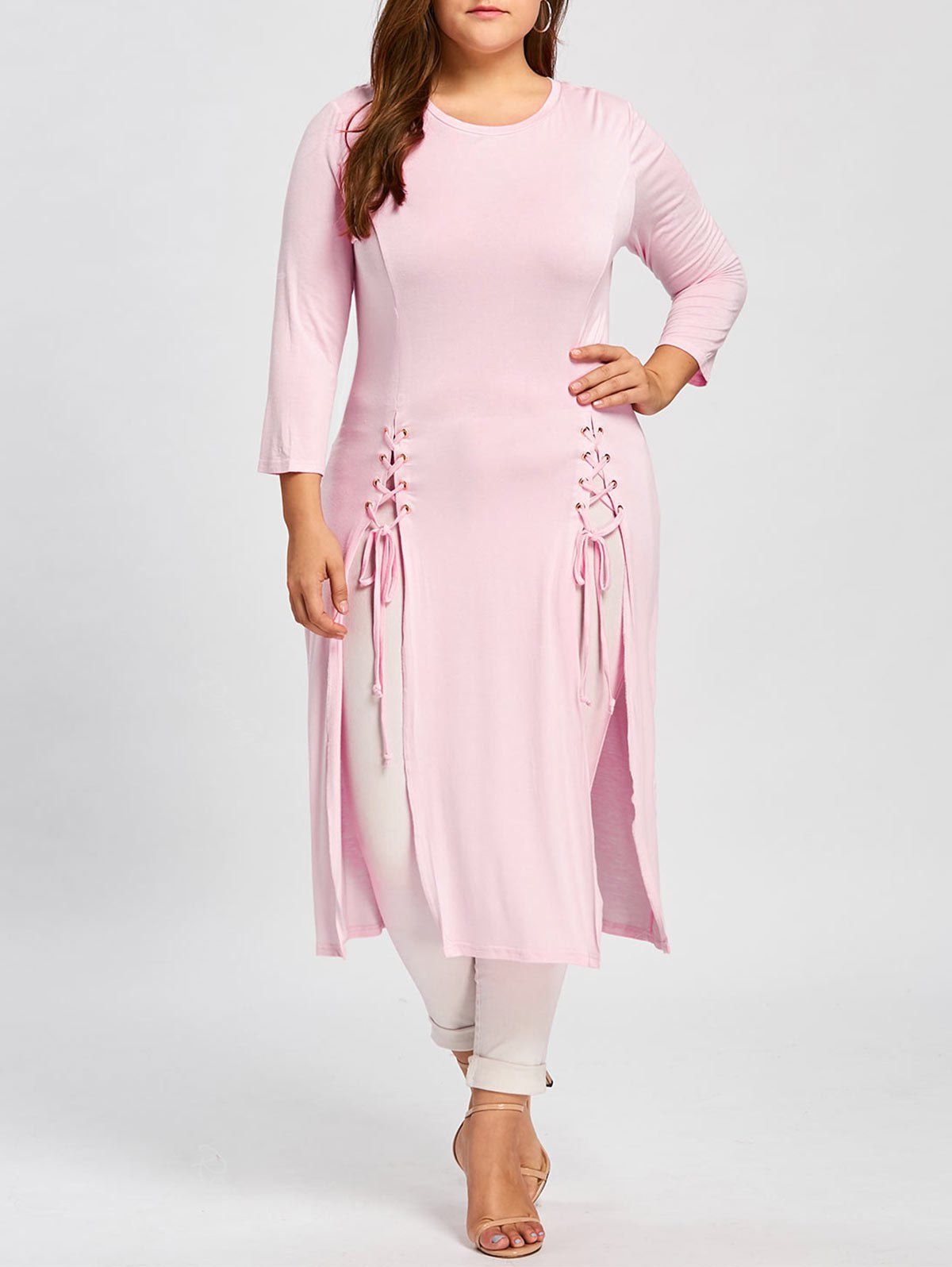 

Maxi Lace-up Plus Size Long Sleeve Dress, Pink