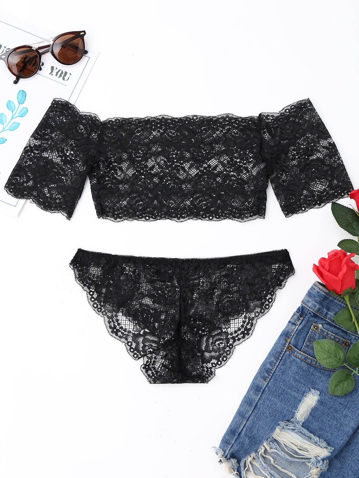 

Strapless Lace Tube Bra Set with Sleeve, Black