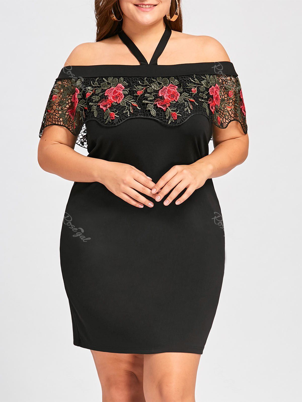 

Plus Size Halter Embroidery Mini Tight Dress, Black