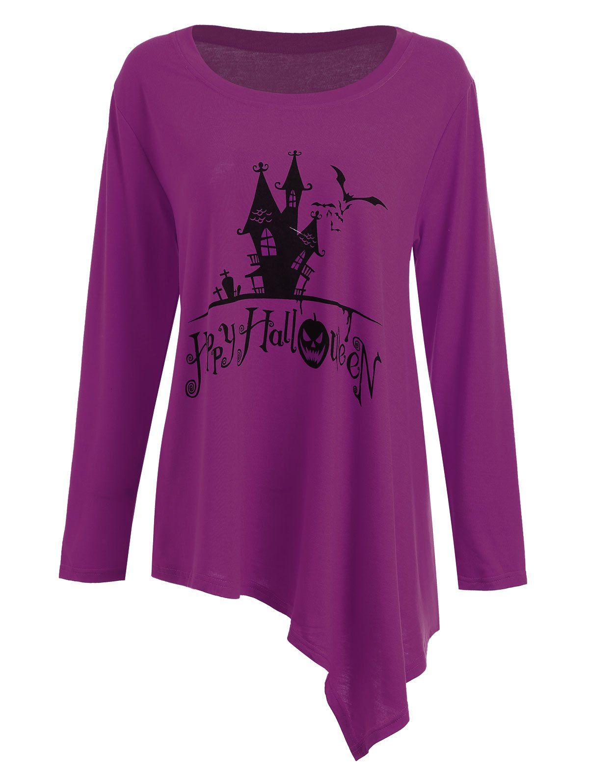 

Long Plus Size Happy Halloween Asymmetric T-shirt, Purple