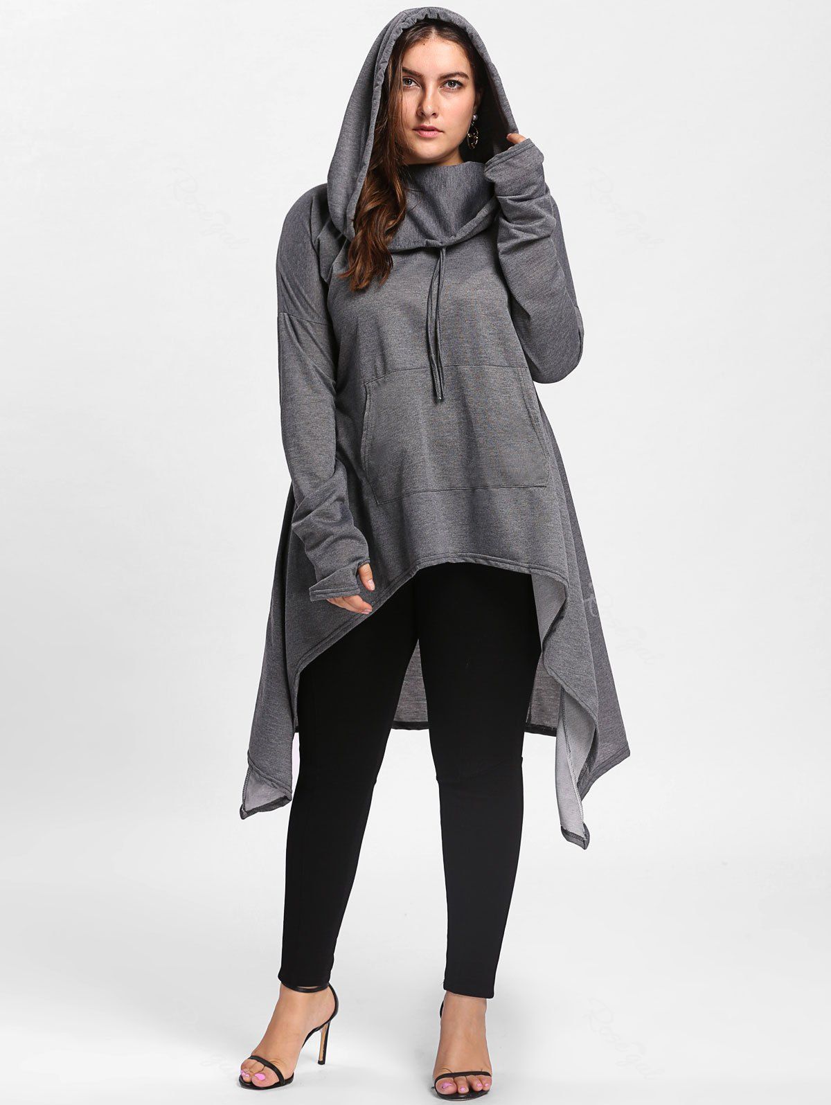 

Plus Size Maxi Asymmetric Funnel Collar Hoodie, Deep gray