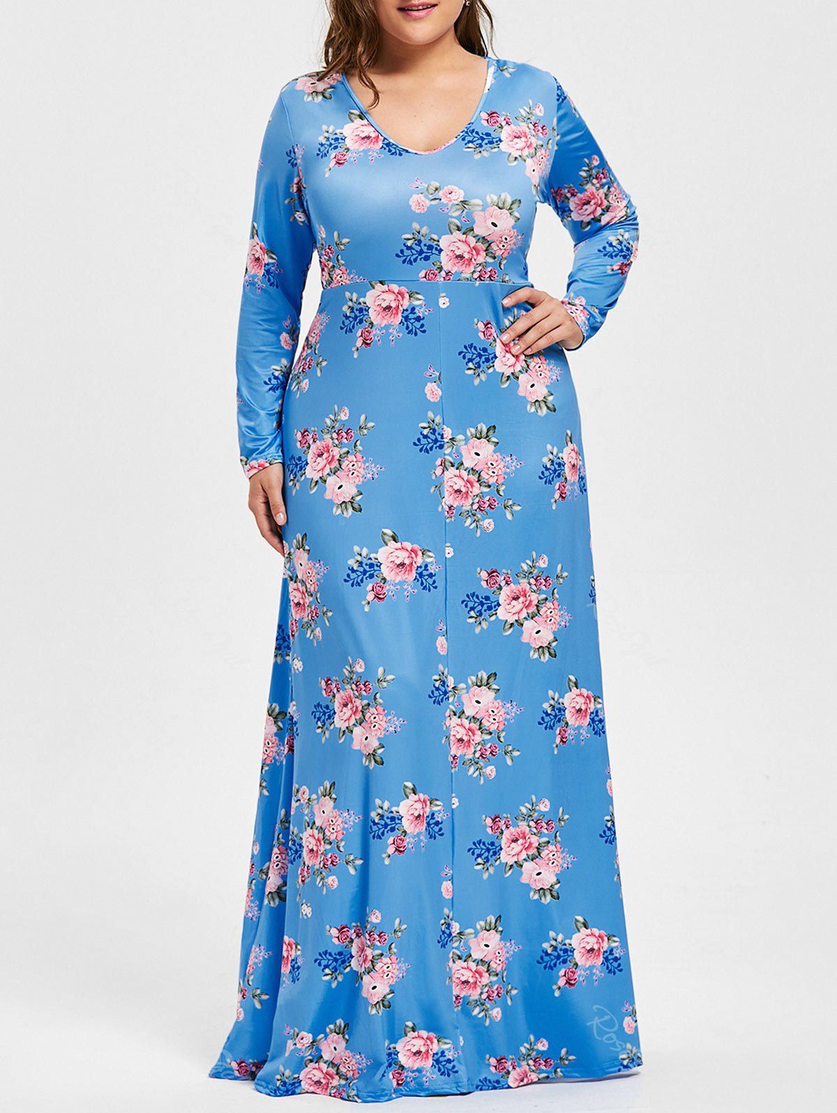 

Plus Size Floral Print V Neck Maxi Dress, Azure