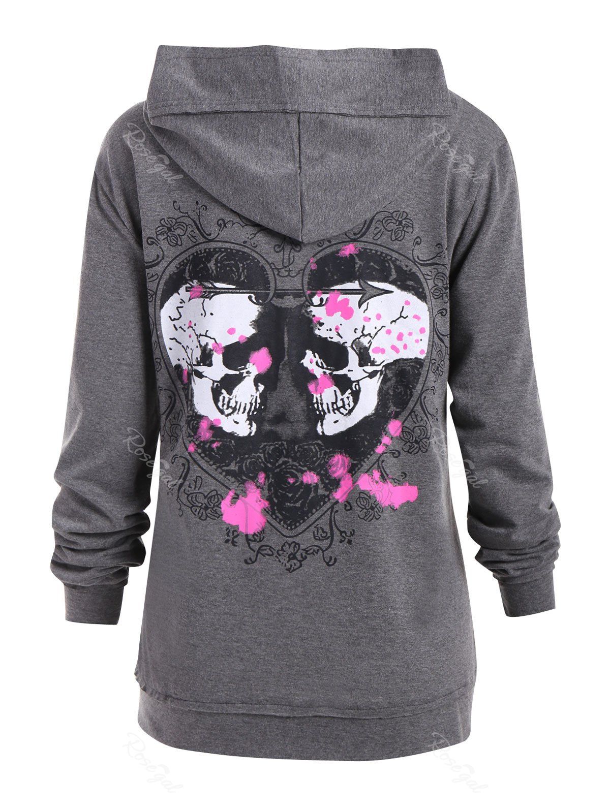 

Plus Size Front Pocket Halloween Heart Skull Hoodie, Gray