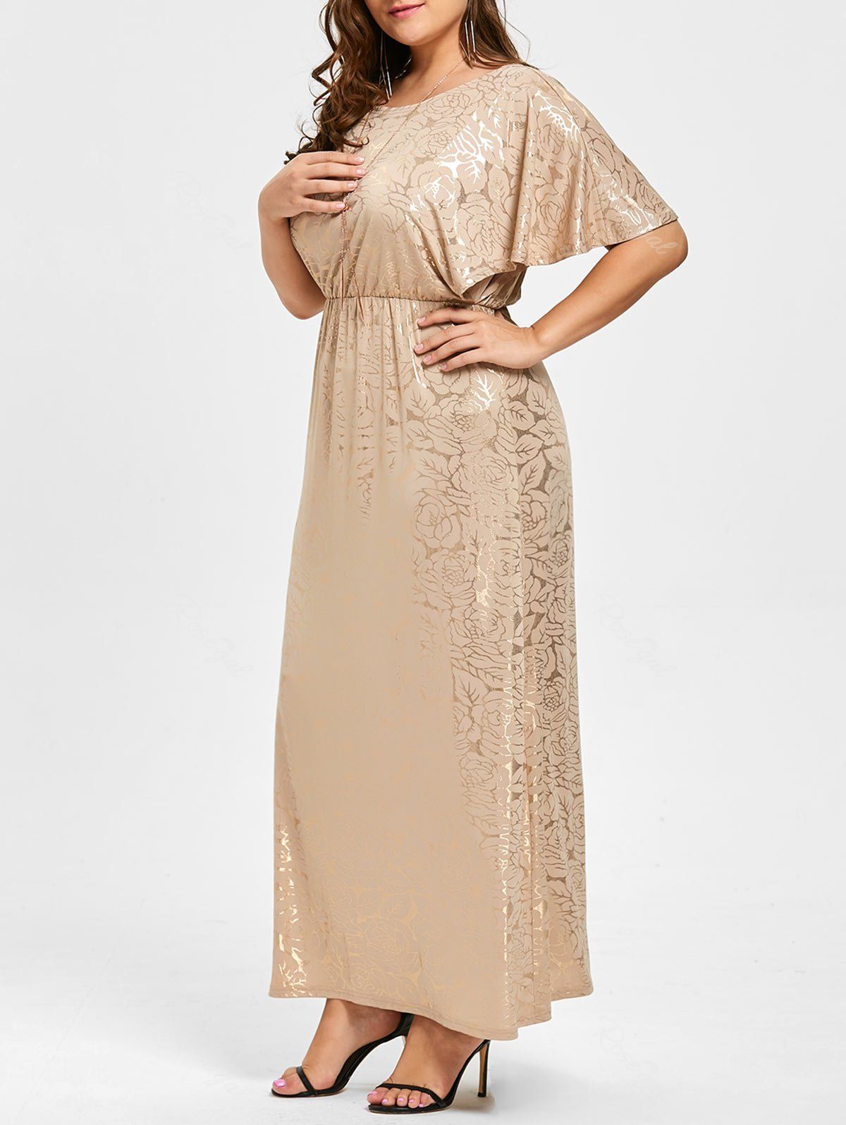 

Long Bronze Plus Size Flutter Sleeve Dress, Golden