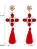 Floral Rhinestone Cross Design Tassel Drop Earrings -  