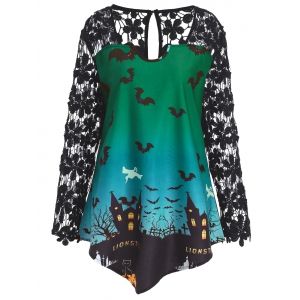 

Plus Size Lace Panel Asymmetrical Halloween T-shirt, Green