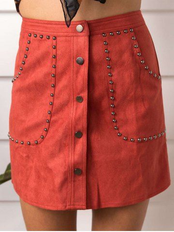 Faux Suede Rivet Button Up Jupe Rouge L