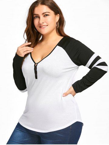 

Plus Size Raglan Sleeves Stripes Two Tone T-shirt, White and black