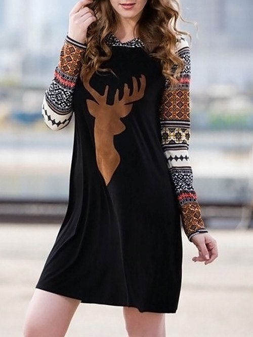 

Christmas Hooded Long Sleeve Print Dress, Black