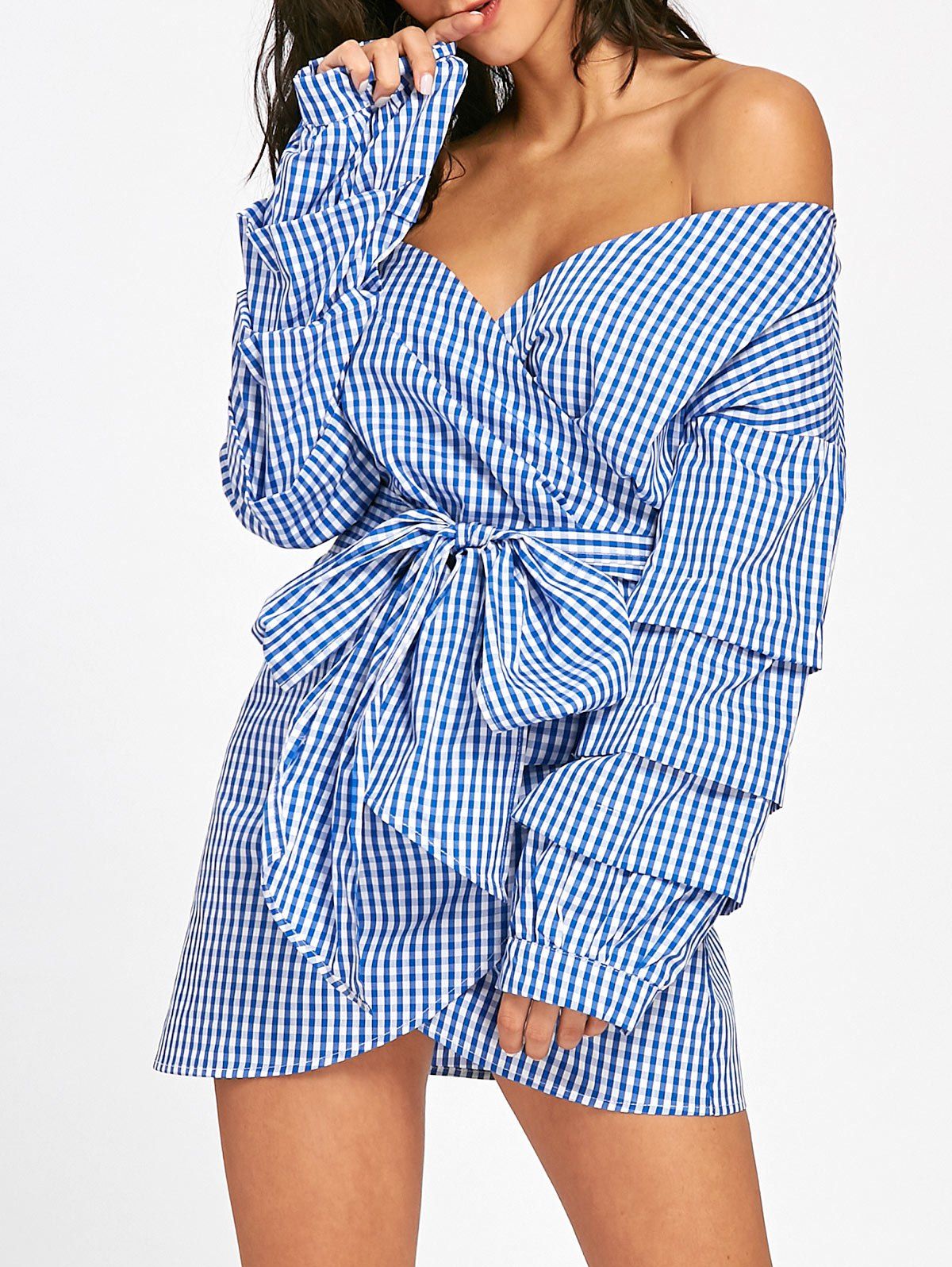 

Wrap Bowknot Plaid Mini Blouse Tunic Dress, Blue