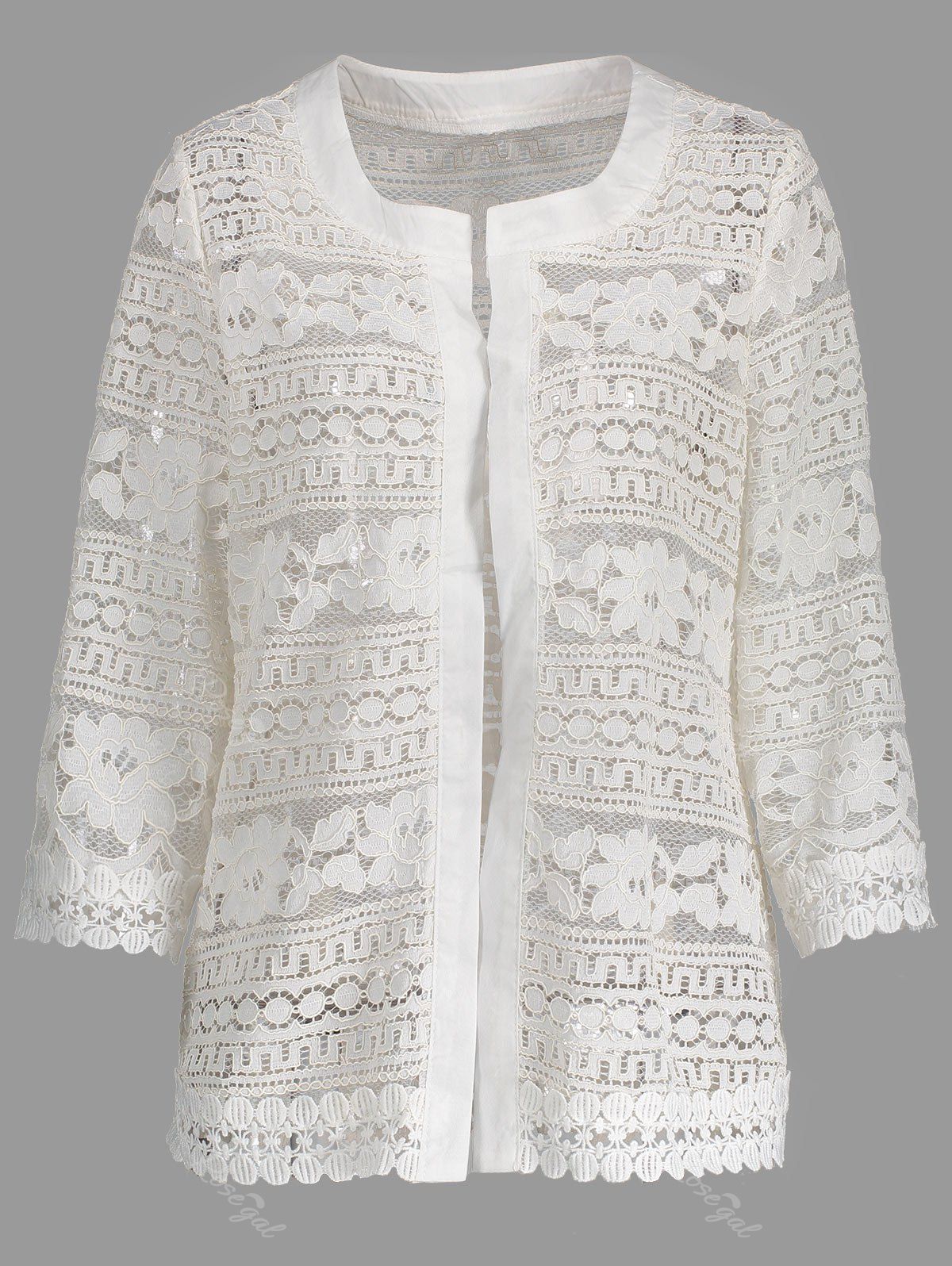 

Short Plus Size Hollow Out Lace Jacket, White
