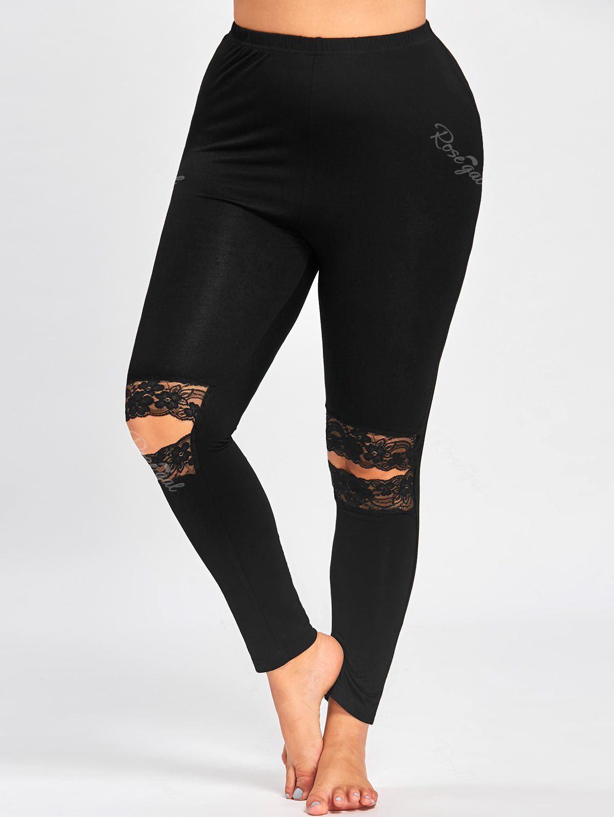 

Plus Size Lace Trim Knee Slit Leggings, Black