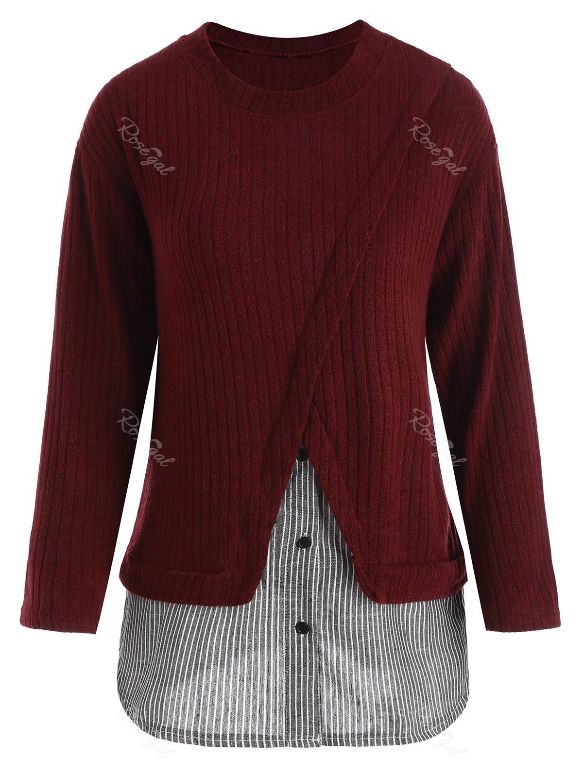 

Striped Insert Drop Shoulder Plus Size Knitwear, Wine red