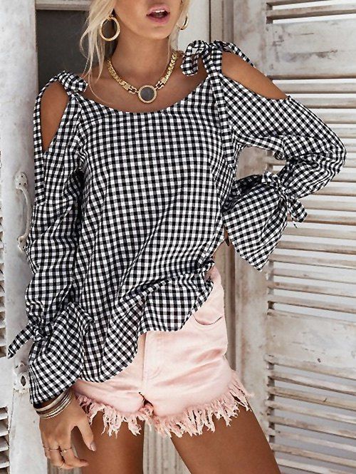 

Flare Sleeve Cold Shoulder Gingham Blouse, Black white