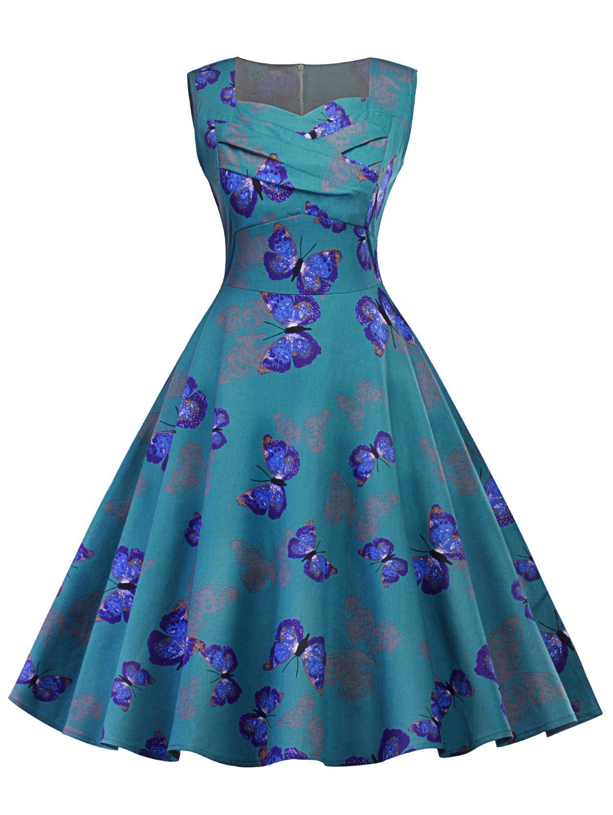 

Vintage Ruched Butterfly Print Pin Up Dress, Blue green