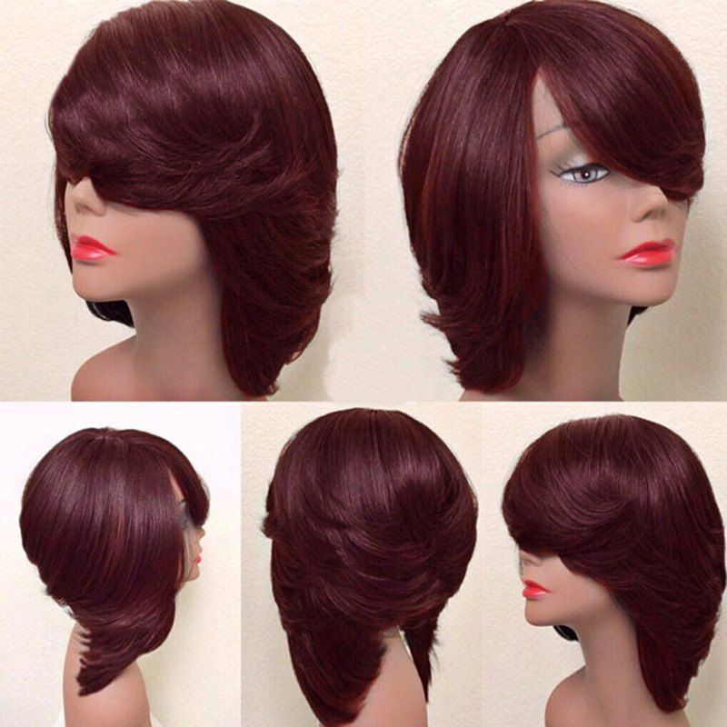 

Short Inclined Bang Thick Straight Feathered Bob Synthetic Wig, Wine red