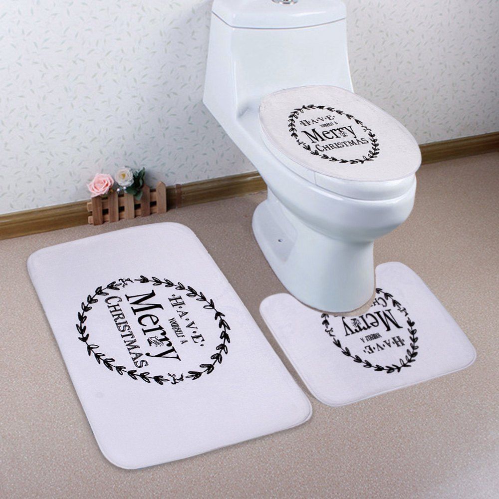 

3Pcs Christmas Letter Print Bath Toilet Rugs Set, White