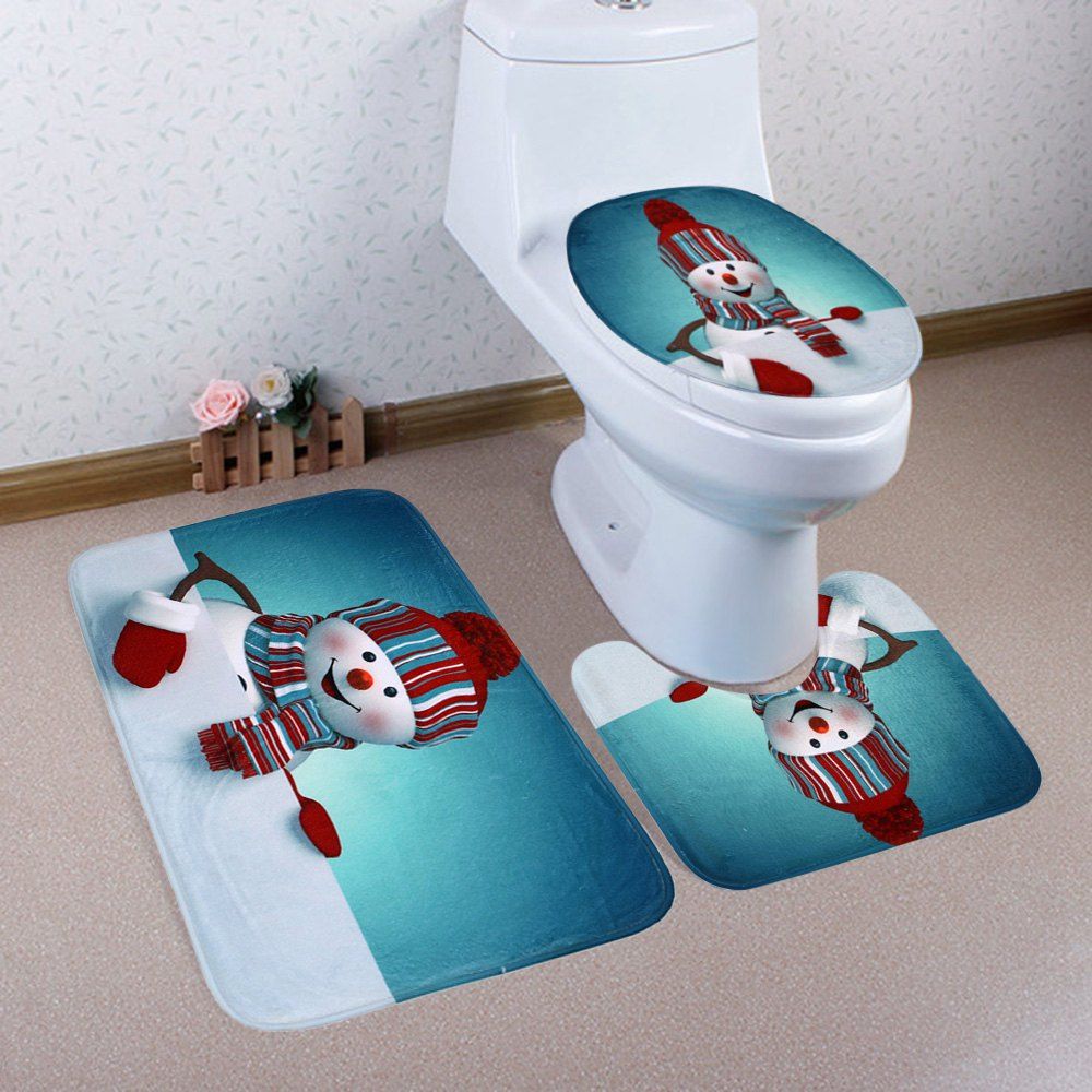 

Christmas Snowman Pattern 3 Pcs Bath Mat Toilet Mat, Colormix
