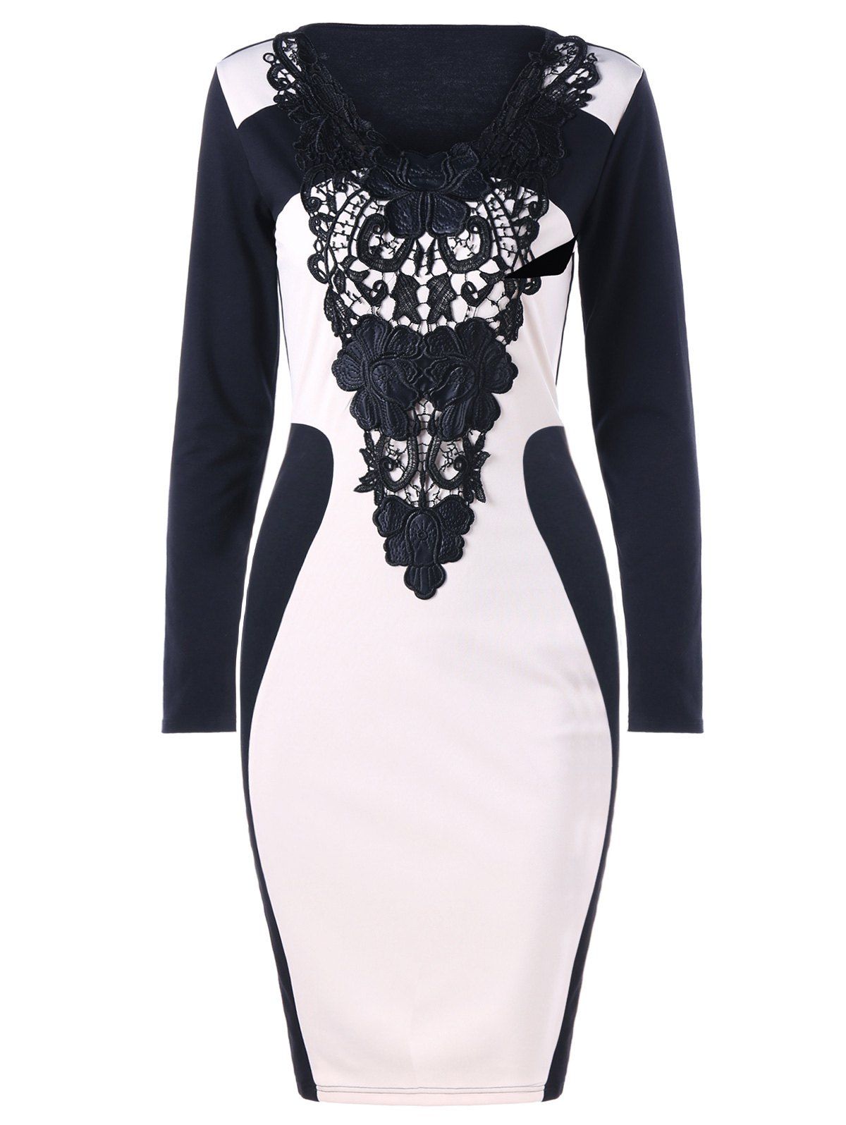 

Crochet Insert Long Sleeve Bodycon Dress, White and black