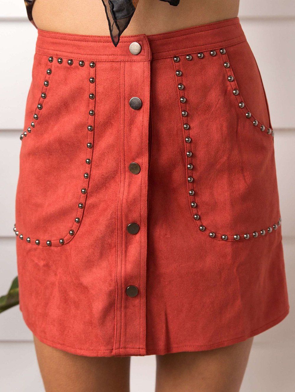 

Faux Suede Rivet Button Up Skirt, Red