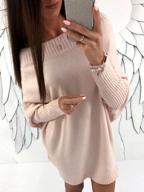 

Batwing Sleeve Boat Neck Sweater Dress, Light pink