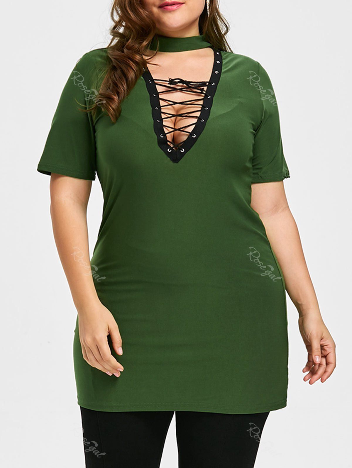 

V-neck Plus Size Lace Up Choker T-shirt, Green