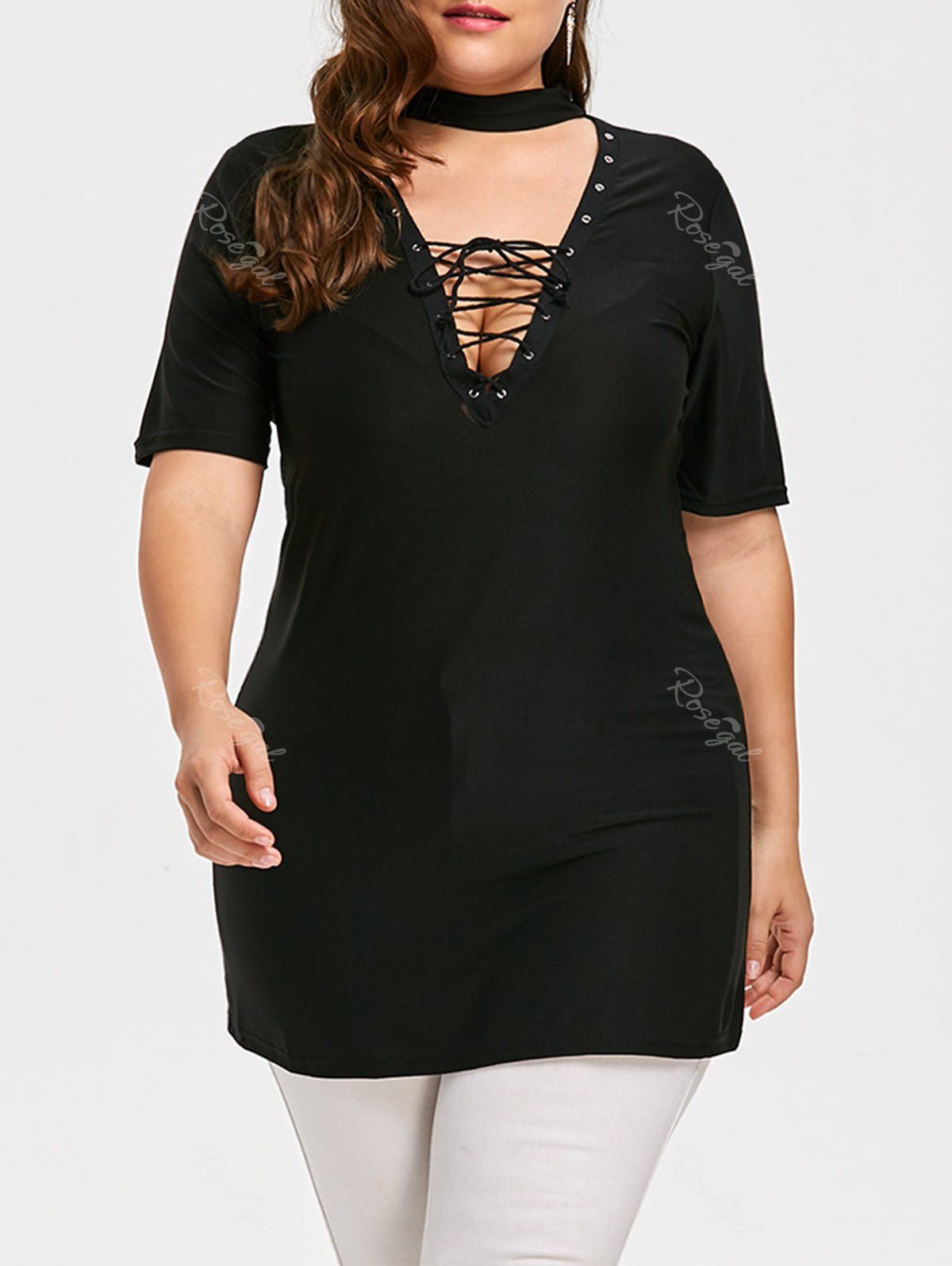 

V-neck Plus Size Lace Up Choker T-shirt, Black